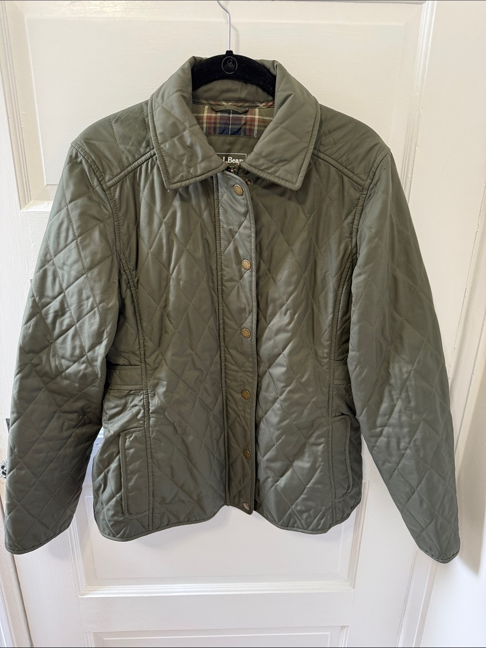 L.L. Bean Quilted Olive Utility Jacket with Plaid Lining